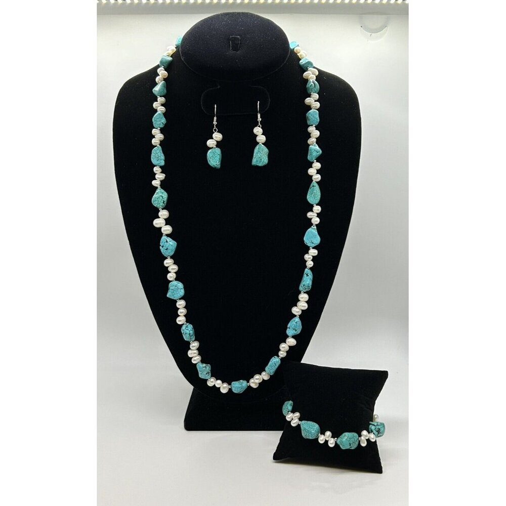 Fresh Water Pearl & Turquoise Colored Gemstone Necklace Bracelet Earring Set - Picture 1 of 6